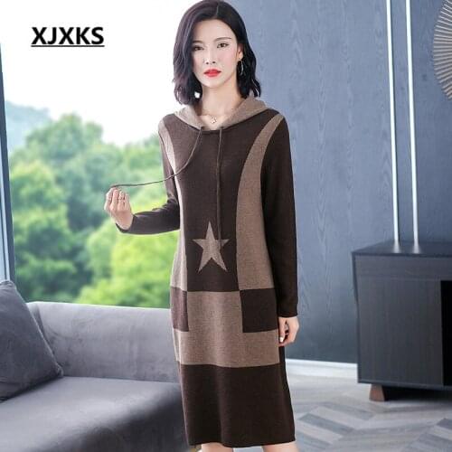 XJXKS Women long hooded 2020 autumn winter new loose large size comfortable cashmere knitted long sweater women pullover