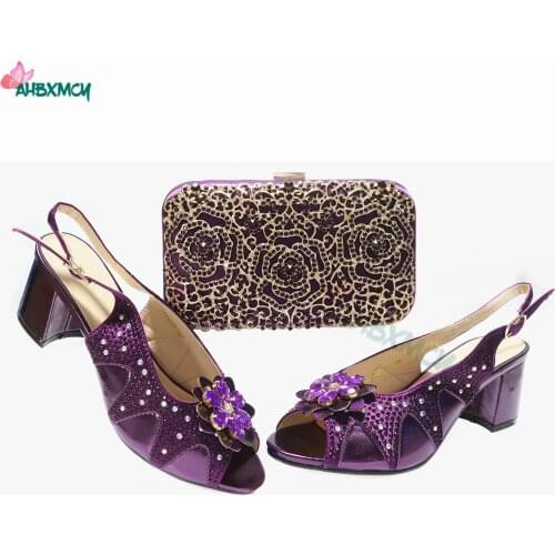 Purple New Design Decorate with Rhinestone High Quality African Women Shoes and Bag Set in Purple Color Comfortable Heels Sandal