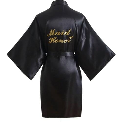Womens Black Satin Kimono Robes for Bride Maid of Honor Wedding Party Getting Ready Short Robe with Gold Glitter