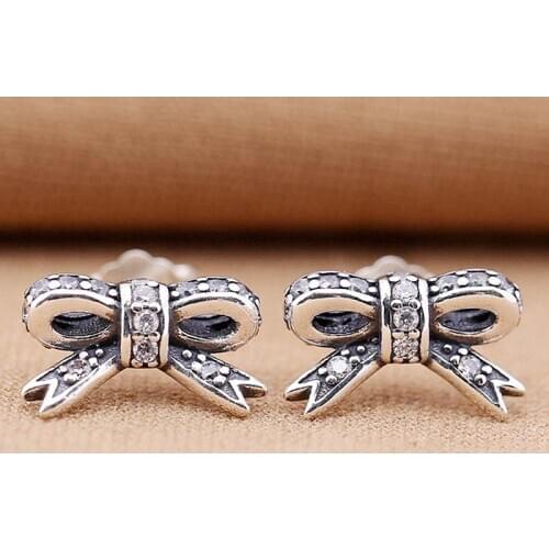 Original Sparkling Silver Bow With Crystal Studs Earring For Women 925 Sterling Silver Earring Wedding Gift Fine Europe Jewelry