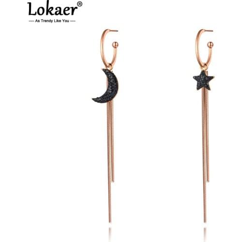 Lokaer Titanium Stainless Steel Moon & Star Tassel Earrings Rose Gold Fashion Bohemia Party Dangle Earrings For Women E20197