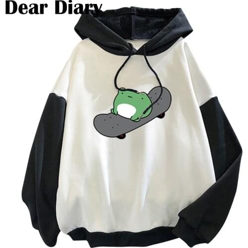 Womens Fashion New Stitching Cute Plus Velvet Long-Sleeve Hooded Sweatshirt Top Harajuku Kawaii Cartoon Printing Streetwear