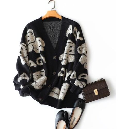 100 pure cashmere cardigan women' Autumn winter v-neck knitted sweater coat cartoon mid-length loose hooded cardigan women