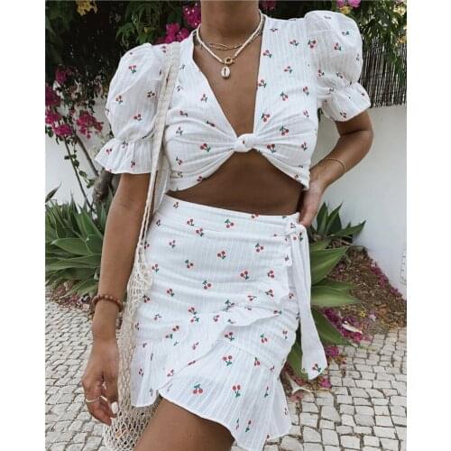 Happie Queens Women two piece outfits cross v-neck tops Bohemian Drawstring mini skirts 2 pieces rayon cotton Boho sets