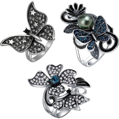 3 Styles Hot Sale Ink Blue Color Pearl Butterfly Female Ring Plants Star Zirconia Crystal Engagement Rings for Women Jewelry