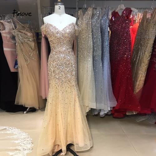 Finove Champagne Mermaid Evening Dresses 2020 Sexy Sweetheart Off Shoulder Illusion with beaded Floor Length Party Dress Gwons
