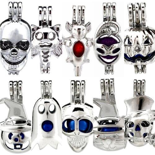 10pcs Ghost Skull Bat Pumpkin Lantern Locket Pendant Perfume Diffuser Beads Pearl Cage -3