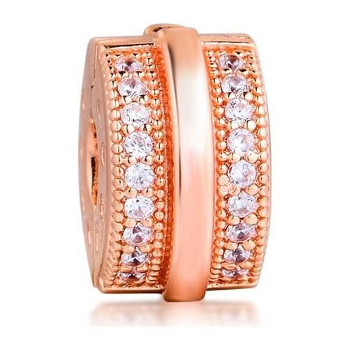 100% 925 Sterling Silver Rose Gold Sparkling Pavé Lines Clip Charm Beads for Jewelry Making Fits Original Charms Bracelet bijoux