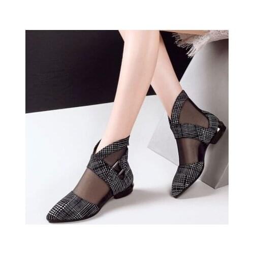 2021 Spring New Single Shoes Women Low Heels Woman Ponited toe Mesh Shoes Buckle Side Hollow out Lattice Pattern Black Red
