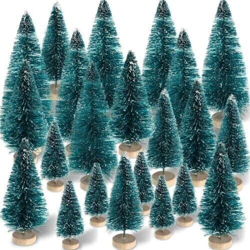 60 Pieces Mini Sisal Snow Frost Trees Winter Pine with Wood Base Snow Ornaments Tabletop Trees for Christmas Decoration