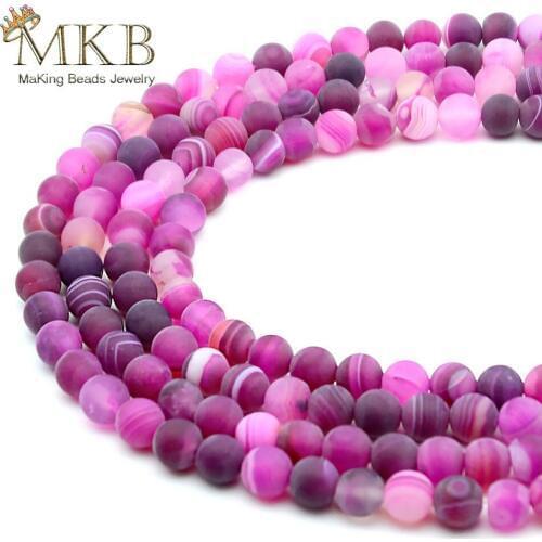 Natural Stone Dull Polish Matte Fuchsia Banded Agates Round Beads 4 6 8 10 12mm 15inches Spacer Beads Diy Bracelet Wholesale