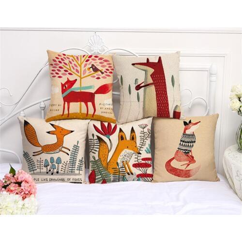 Decorative Throw Pillow Case Animals Red Fox Lovely Cartoon Seat Cushion Cover For Sofa Home Capa De Almofadas 45x45cm