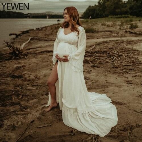 Elegant Woman Ivory Maternity Dress Long Sleeves Side Slit Maternity Gowns for Baby Shower Photography Dresses YEWEN