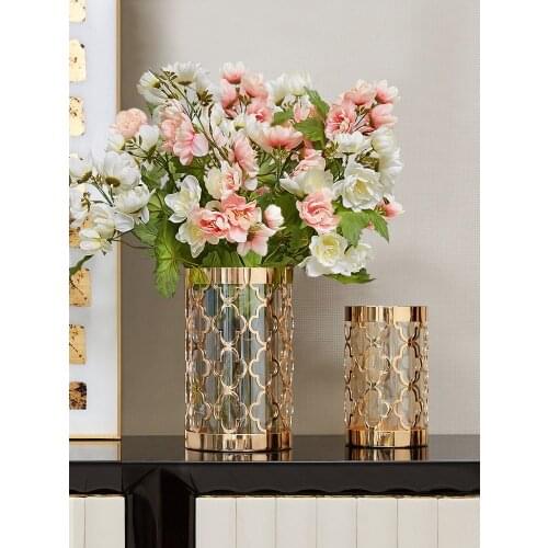 European Metal + Glass Hollow Vases Decoration Living Room American Creative Light Luxury Home Decoration Simulation Flower Pot
