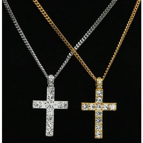Tiny Bling Bling Rhinestone Jesus Cross Pendant For Men Paved Crystal Gold/silver Colour Necklace With Chain Hip Hop Jewelry