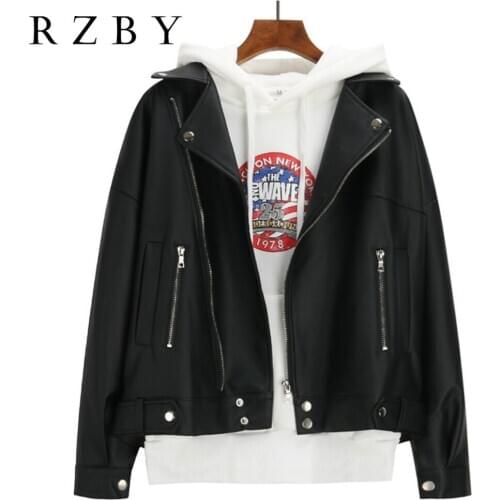 RZBY Loose PU Faux Leather Jacket Women Classic Moto Biker Jacket Spring Autumn Lady Oversized Boyfriend Leather Outwear
