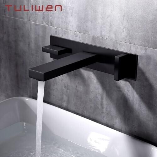 Square Brass Wall Mount Bathroom Basin Faucet Wall Sink Cold Hot Water Mixer Tap Crane Brush Gold Black