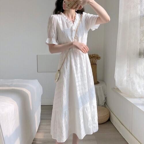 Summer New White Dress French Retro V-Neck Single Breasted Ruffles Slim Elegant Fairy Dresses Solid Color Lilac Blue Long Dress