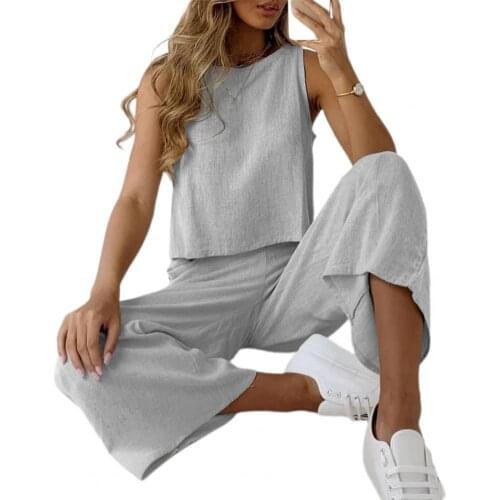 Summer Women Outfit Solid Color All Match Wide Leg Trousers Sleeveless O Neck Vest Pants Homewear Set Sweat Absorbent for Work