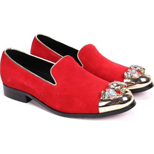 Christia Bella Handmade Red Suede Leather Male Loafers Shoes New Fashion Party Dress Mens Rhinestone Pointed Toe Slip on Shoes