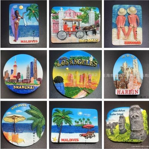 World Tourism Fridge Magnet Souvenir Maldives Los Angeles Shanghai Harbin Resin Refrigerator Sticker Kitchen Decor Gift Ideas