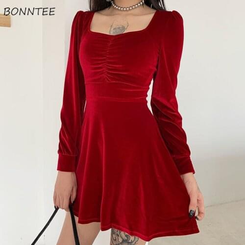 Mini Dress Women Slim High Waist French Long Sleeve Elegant Female Vestidos Square Collar Solid Minimalist Stylish Korean Style