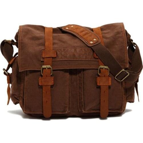 Fashion Canvas Handbags Men Shoulder Bag Crazy Horse Leather Crossbody Bag Mens Travel Bags 15/17inch Laptop Briefcase Bag