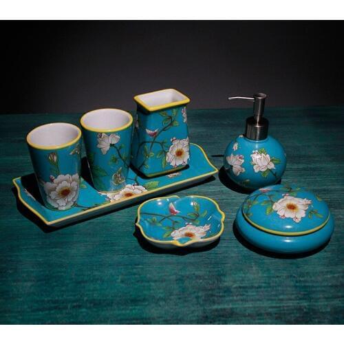 Bathroom Accessories Set Ceramic Soap Dish Soap Dispenser Toothbrush Cup European Style Design Blue High Quality Wedding Gifts