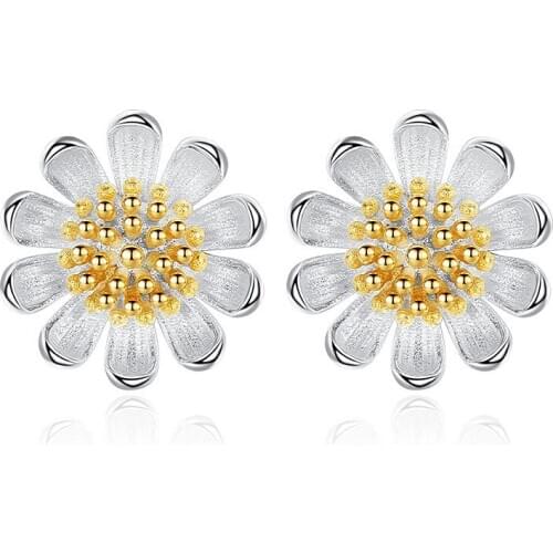 Wholesale Trendy Sunflower Female Birthday Gift 925 Sterling Silver Ladies Stud Earrings Jewelry Anti Allergy Drop Shipping