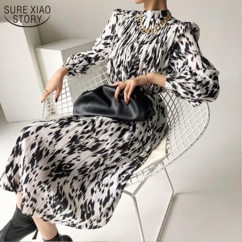 Print Pleated Dresses for Women Long Sleeve Chiffon 2021 Spring Summer Stand Collar Loose Style Vintage Dress Sashes 13715