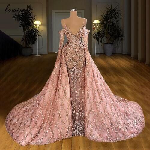 Luxury Heavy Handmade Evening Dresses With Detachable Train Mermaid Pearls Celebrity Dresses For Women Sexy Vestidos De Noite