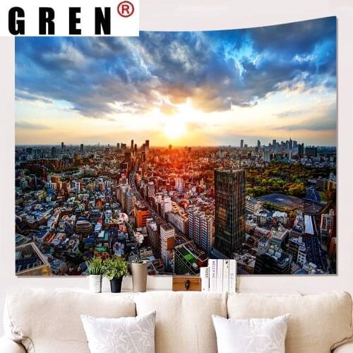 GREN Modern City Sunrise Poster Tapestry Hanging Covering Rugs Background Cloth Beach Mat Blanket Art Bedroom Living Home Decor