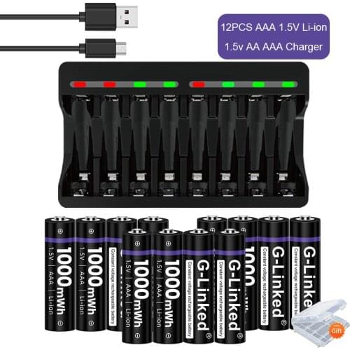 Stable Voltage 12pcs 1.5V AAA Rechargeable Batteries 1000mWh+AA Battery Charger for 1.5v lithium aa aaa