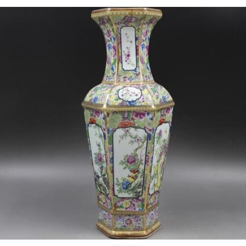 TRADITIONAL CHINESE ANTIQUE ENAMEL FLOWERS HEXAGONAL VASECERAMIC BIG FLOOR VASE 55CM HEIGHT LARGE PORCELAIN DECORATION VASE