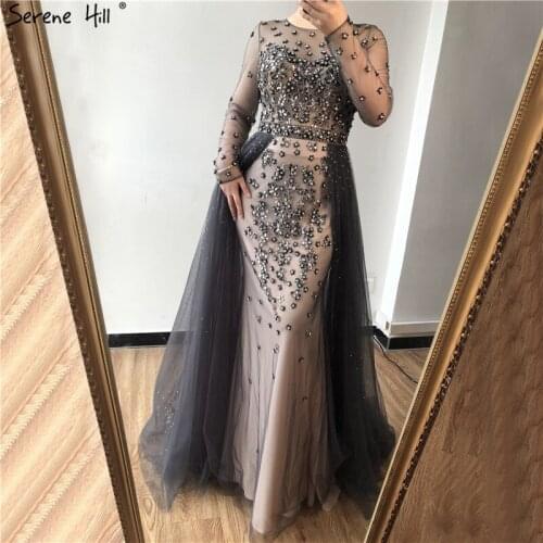 Serene Hill Grey Long Sleeve Sexy O-Neck Evening Dress 2020 Mermaid Diamond Beading With Train Formal Party Wear Gown CLA70076