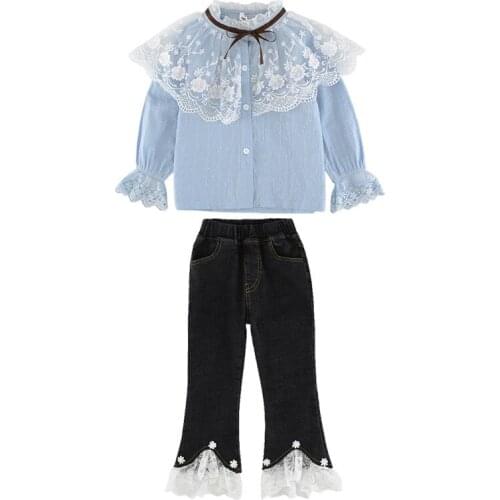 2020 Big Girls Spring Autumn Clothing Set Sweet Lace Tops Shirts+jeans Pants,kids Children Fashion Princess 2pcs Clothes Suits