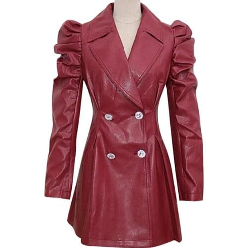 French style autumn diamond double breasted pu jacket women slim waist cool leather outwear