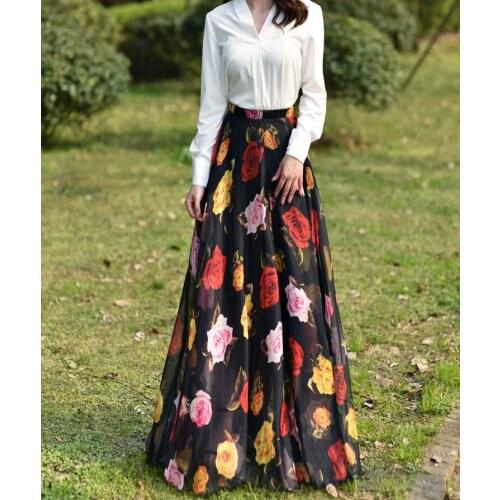Daatthird 2018 Womens Spring Fall Vintage Retro High Elastic Waist Maxi Skirt A-line Flowy Flare Pleated Skirts