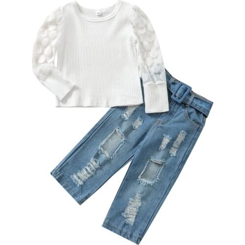 0-4Y 2pcs Fashion Kids Girls Autumn Clothes Sets Solid Balls Long Sleeve Pullover Tops Denim Flare Pants