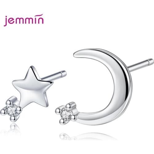 Amazing Big Discount Genuine 925 Sterling Silver Stud Earrings For Women Bright Moon & Star Korean Earrings For Wife Friend