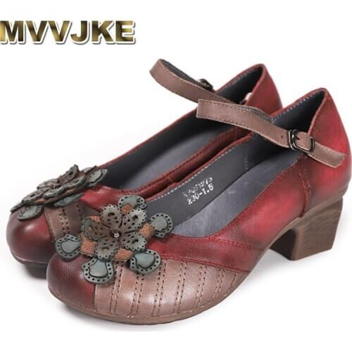 MVVJKE Pumps Women Shoes Retro High Heels Genuine Leather 2020 New Round Toe Mixed Colors Stitching Casual Retro Ladies Shoes