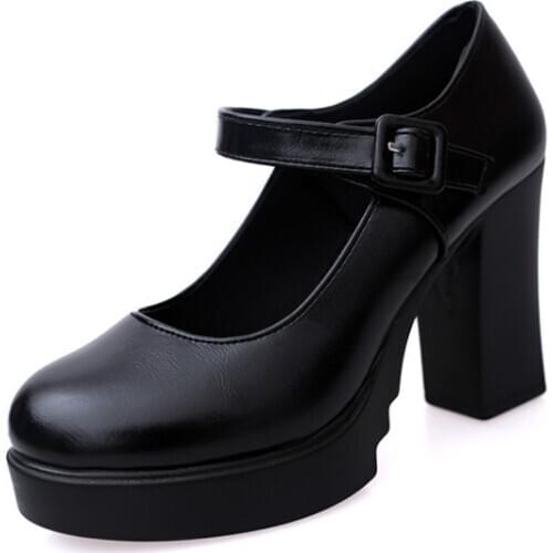 Womens shoes professional work shoes, thick-heeled platform high-heeled shoes shallow mouth polyurethane single shoes 9CM