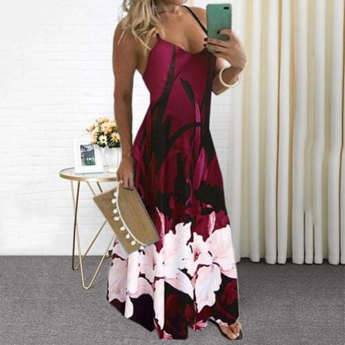 Women Lady Fashion V Neck Spaghetti Straps Floral Print Large Hem Long Sling Dress Casual Babydoll Clothing Slim Sundress