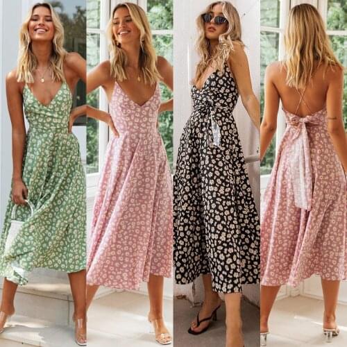 2020 Summer Womens Satin Dress V-neck Sexy High Waist Small Daisy Floral Halter Lace-up Bow Print Long Dress XXL Casual Dress