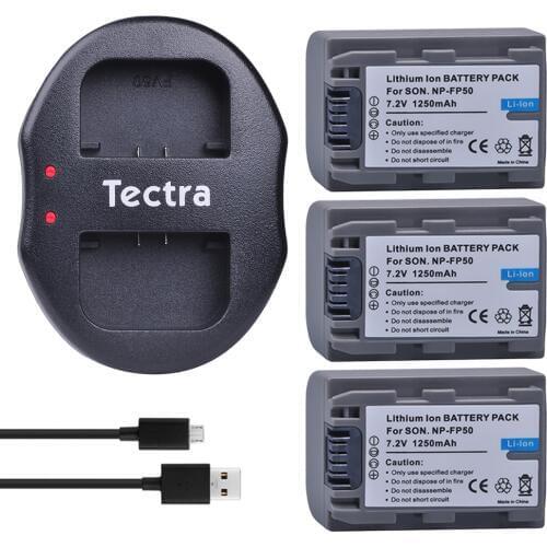 Tectra 3pcs NP-FP50 Camera Battery + Dual USB Charger for Sony DCR-HC30 40 43E 65 85 94E 96 DCR-SR30 40E 50E 60E 70E 80E 100