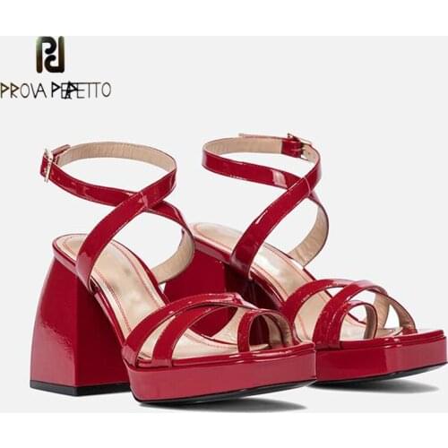 Red Genuine Leather Buckle Open-toe Thick-heeled Sandals Summer Thick-soled Hollow Mature Sexy High-heeled Sandals