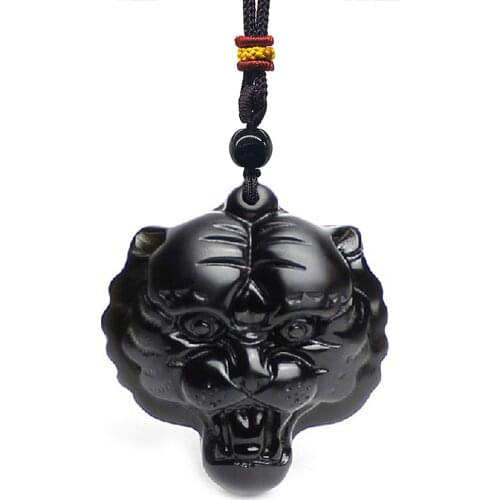 Black Obsidian Stone Tiger Head Necklace Pendant Amluet Healing Protection Pendant Jewlery