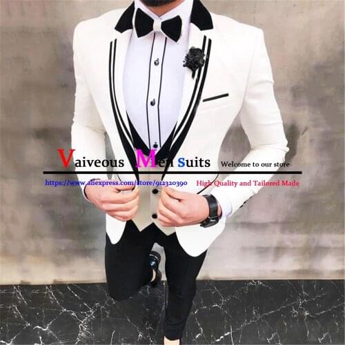 Formal White 3 Piece Slim Fit Suits for Men Wedding Tuxedos Male Fashion Jacket Vest with Pants Black Peaked Lapel Costume Homme