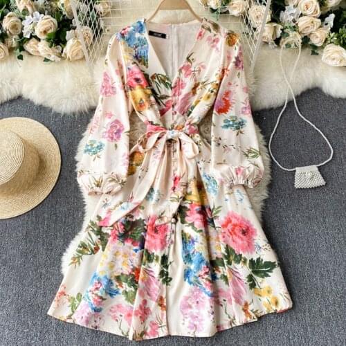 FTLZZ New Spring Autumn Women Sexy V-neck Floral Print Beach Dress Casual Puff Sleeve Button Sash Tie Up Dress