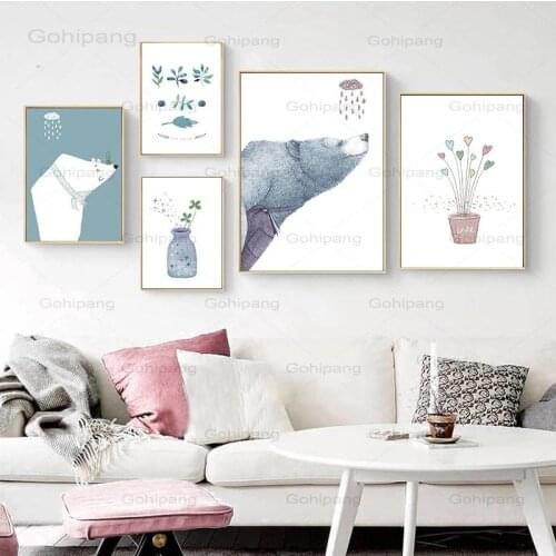 Canvas Painting Cute Polar Bear Comic Plant Blue Healing Oil Painting On Canvas for Living Room Childrens Room Home Art Decor